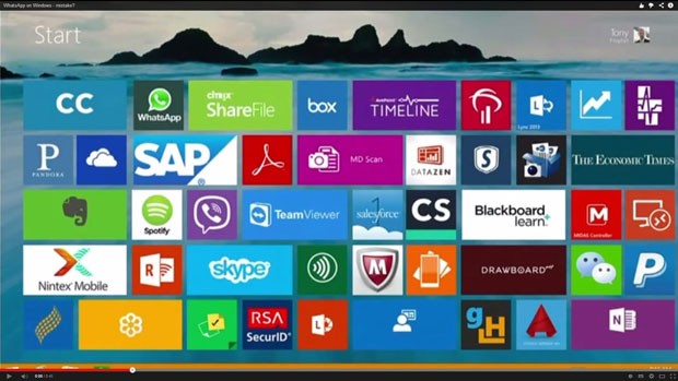 Durante apresentação, Microsoft mostra ícone do WhatsApp na área de aplicativos do Windows 8, o que sinalizaria a chegada do app aos PCs. (Foto: Reprodução/Youtube.com)