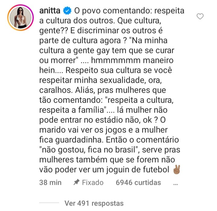 Anitta afirmou que mulheres sequer podem entrar em estádios no Catar (Foto: Reprodução/Instagram)