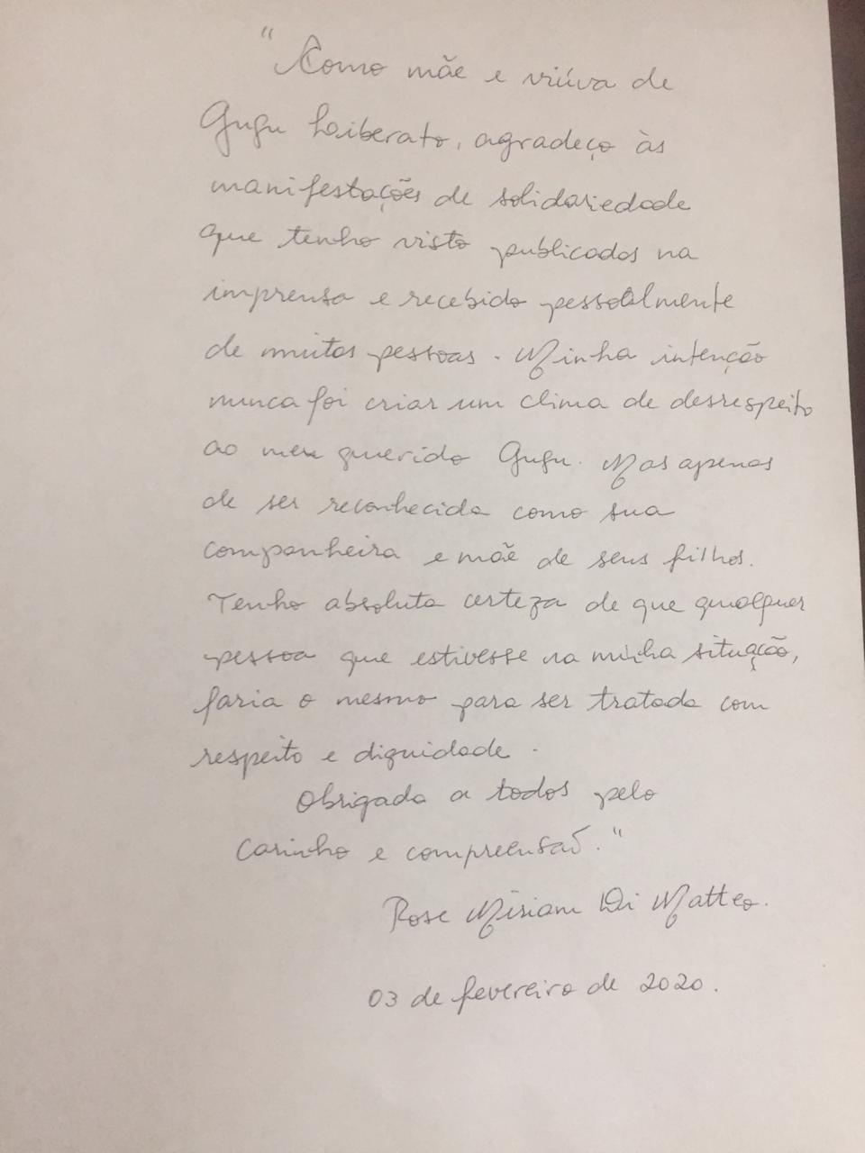 Carta escrita por Rose Miriam (Foto: Divulgação)
