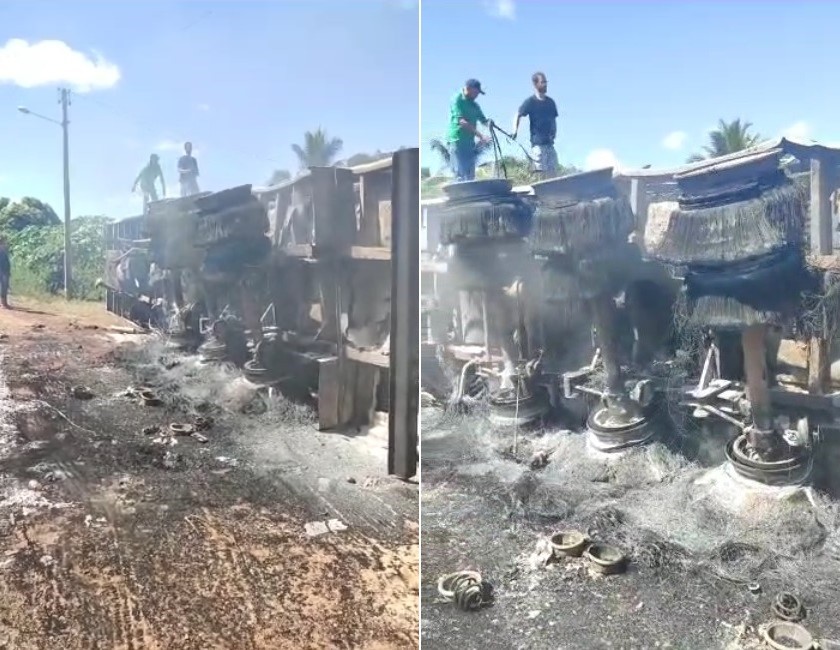 Carreta frigorífica pega fogo e tomba na rodovia BR-135, em Monte Alegre do Piauí