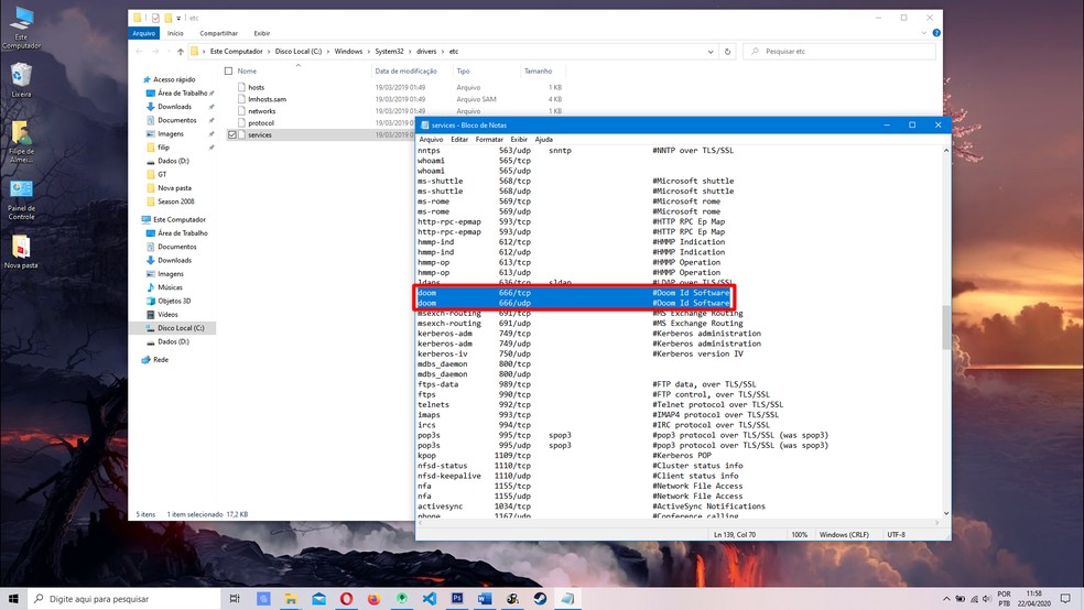 Windows 10 reserva a porta 666 para o Doom95 — Foto: Reprodução/Filipe Garrett