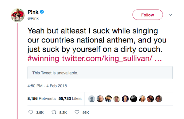 A resposta da cantora Pink ao internauta que criticou sua apresentação no Super Bowl 2018 (Foto: Twitter)