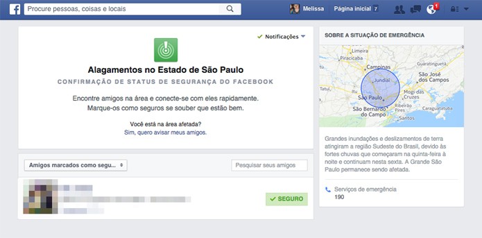 Facebook ativa Safety Check em São Paulo; forte chuvas alagam o estado no Brasil (Foto: Divulgação/Facebook)