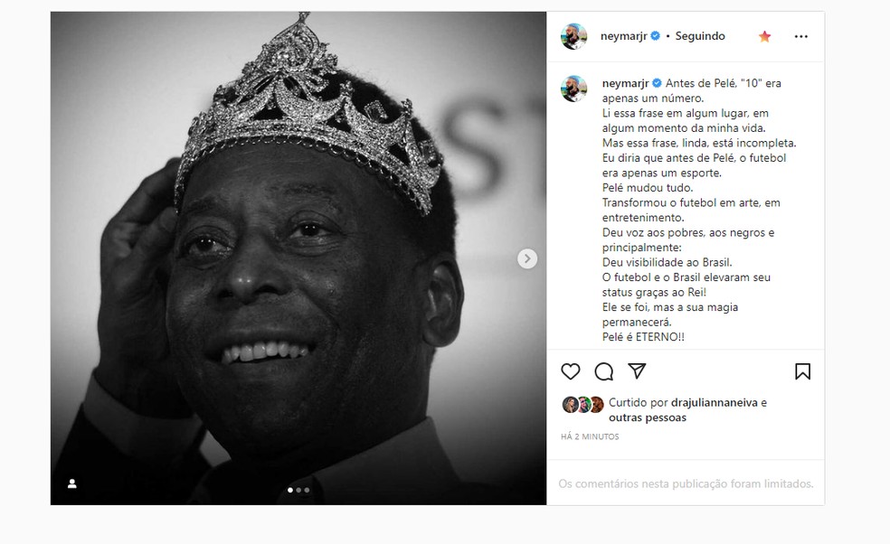 Neymar se despede de Pelé — Foto: Reprodução Instagram