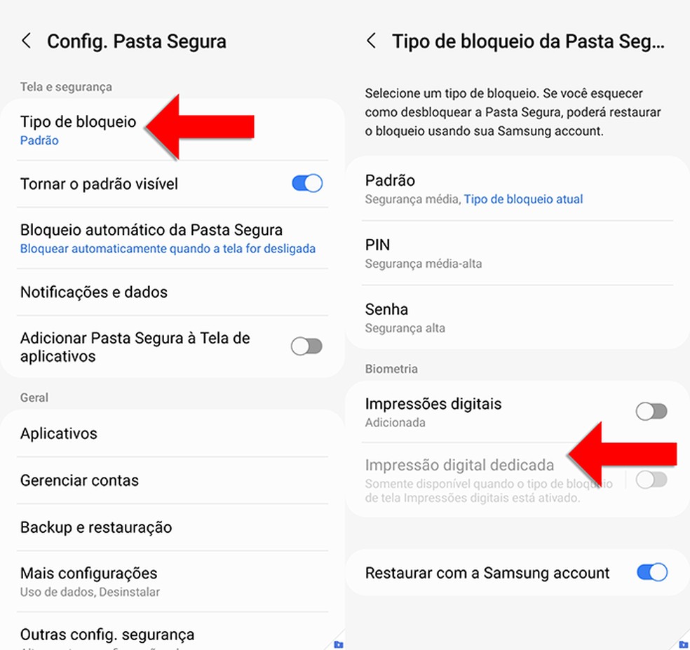 Configuração do tipo de desbloqueio utilizado na Pasta Segura. — Foto: Reprodução/Willian Rodrigues