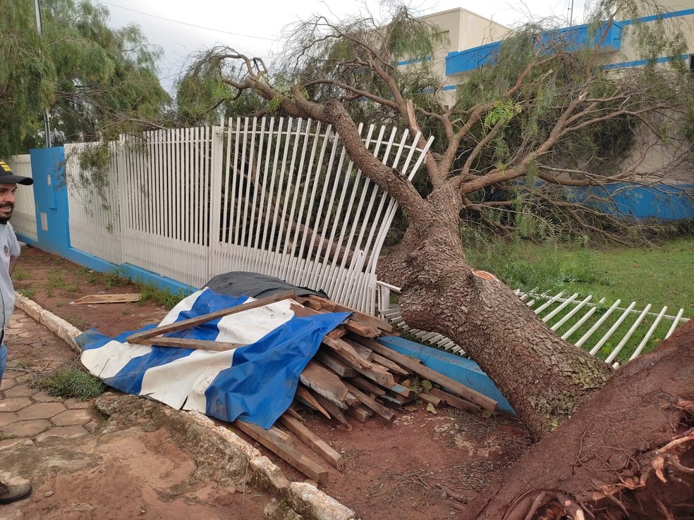 O portão do ginásio de esportes da escola Professor Mitsuo Matsura, em Coronel Macedo, foi parcialmente destruído. — Foto: Prefeitura de Coronel Macedo/Divulgação