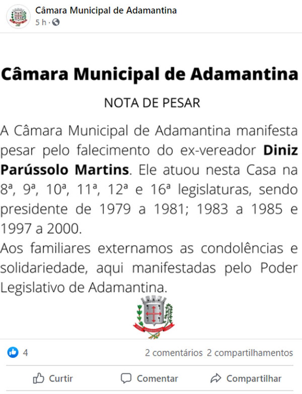Câmara de Adamantina emitiu nota de pesa pela morte do ex-vereador — Foto: Facebook/Reprodução