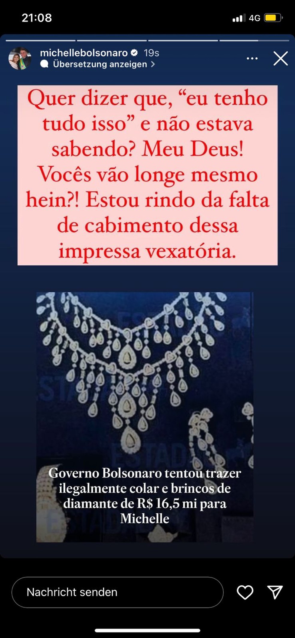 Michelle Bolsonaro fala sobre joias de diamante da Arábia Saudita — Foto: Reprodução