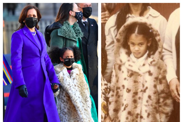 Uma das sobrinhas-netas de Kamala Harris com o casaco inspirado na vestimenta da tia-avó em uma foto de infância datada dos anos 1970 (Foto: Getty Images/Kamala Harris Campaign)