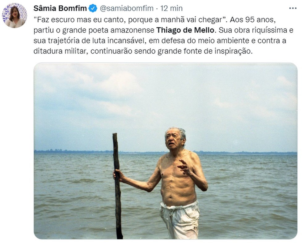 Deputada também comentou a morte de Mello.  — Foto: Reprodução/Twitter