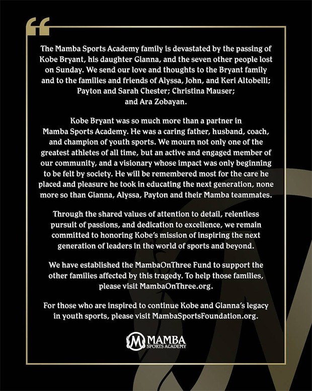 Mamba Sports Academy anuncia fundo para ajudar as famílias afetadas no acidente que matou Kobe Bryant (Foto: Reprodução / Instagram)