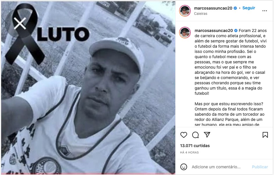 Torcedor palmeirense baleado após jogo era amigo de Marcos Assunção, ídolo do clube