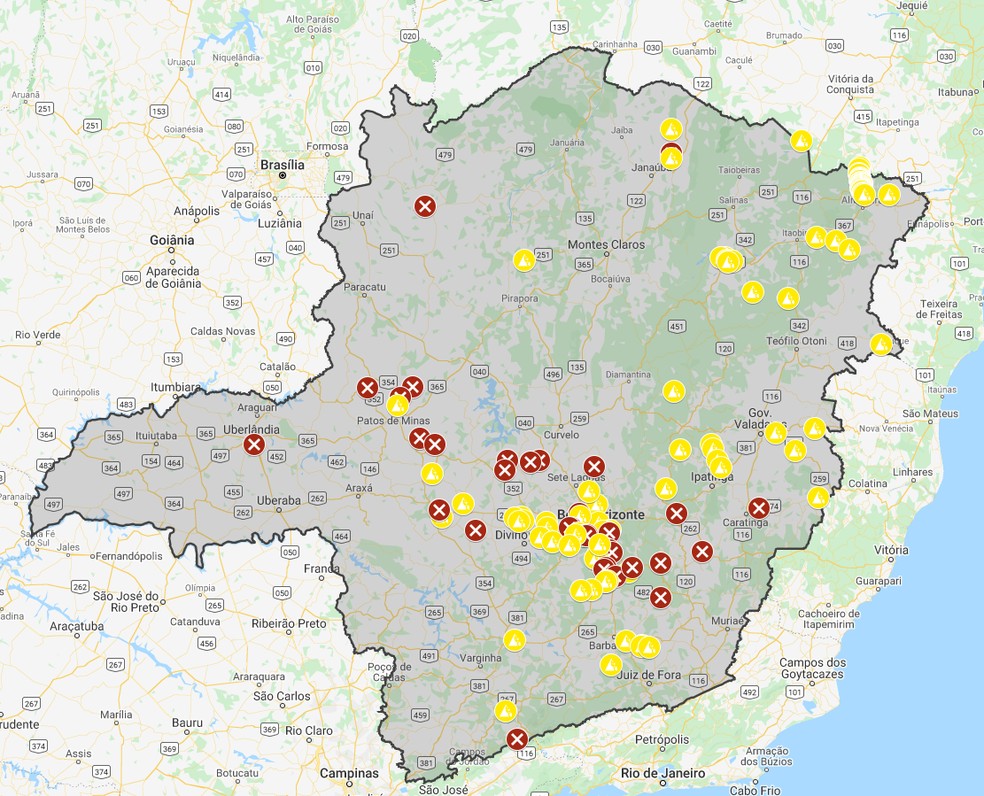 Mapa com pontos de interdição nas rodovias em Minas Gerais — Foto: Polícia Militar Rodoviária/ Divulgação