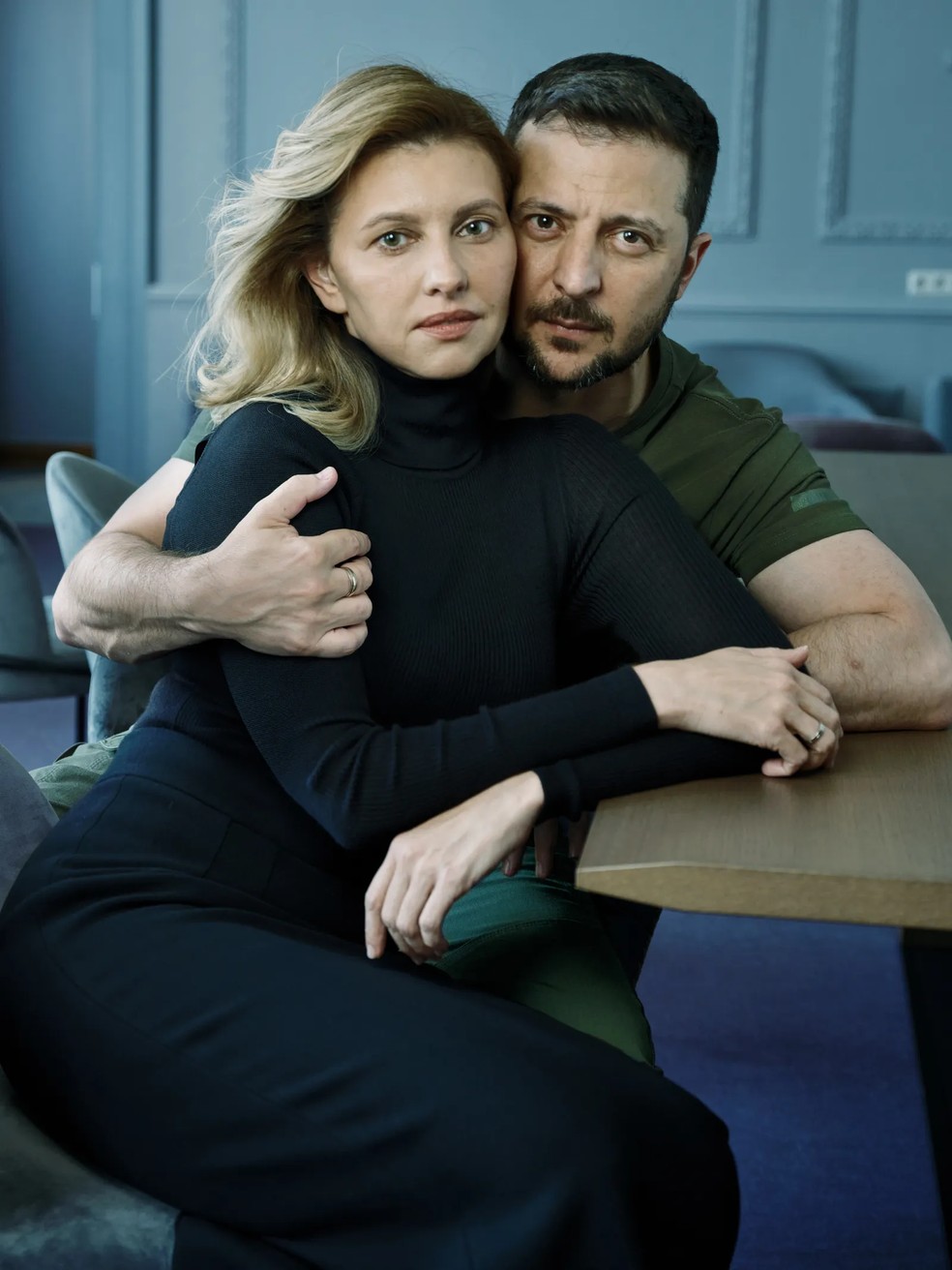 O casal Zelensky foi fotografado em Kiev, capital ucraniana — Foto: REPRODUÇÃO/VOGUE/ANNIE LEIBOVITZ