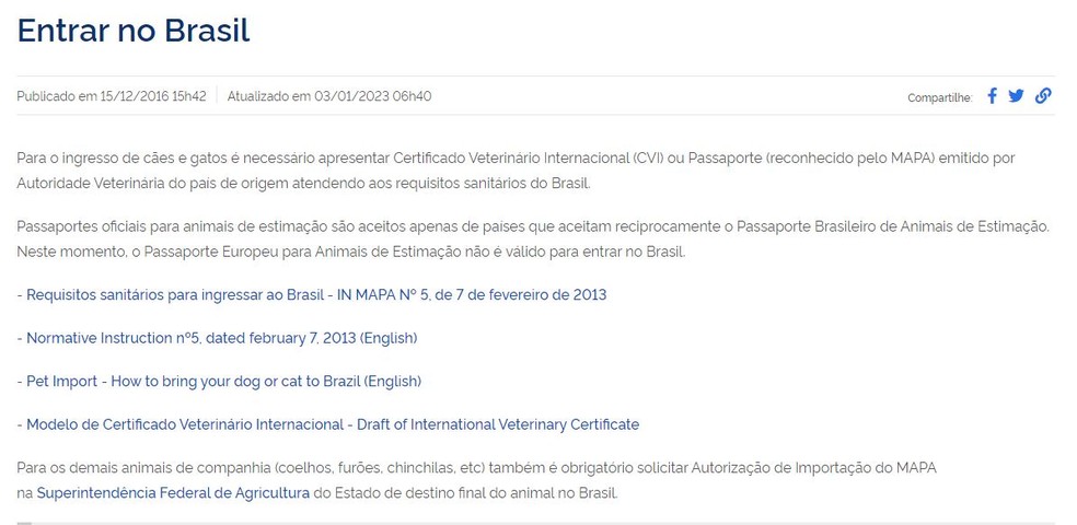 Exigências para entrar com animal de estimação no Brasil divulgadas no site do governo federal — Foto: Reprodução