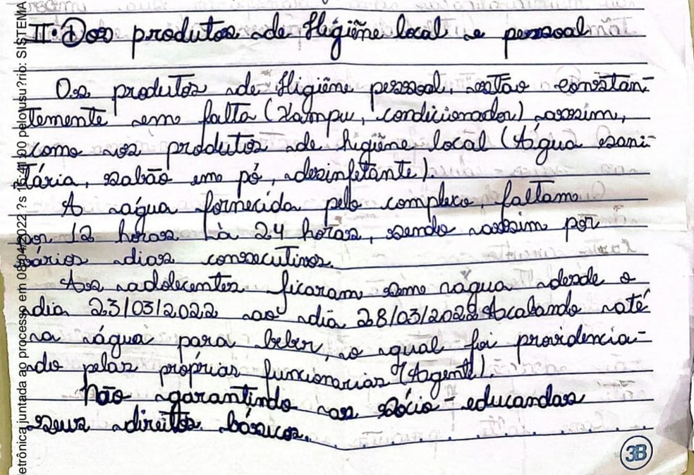 Em carta, meninas reclamam de produtos de higiene — Foto: Reprodução