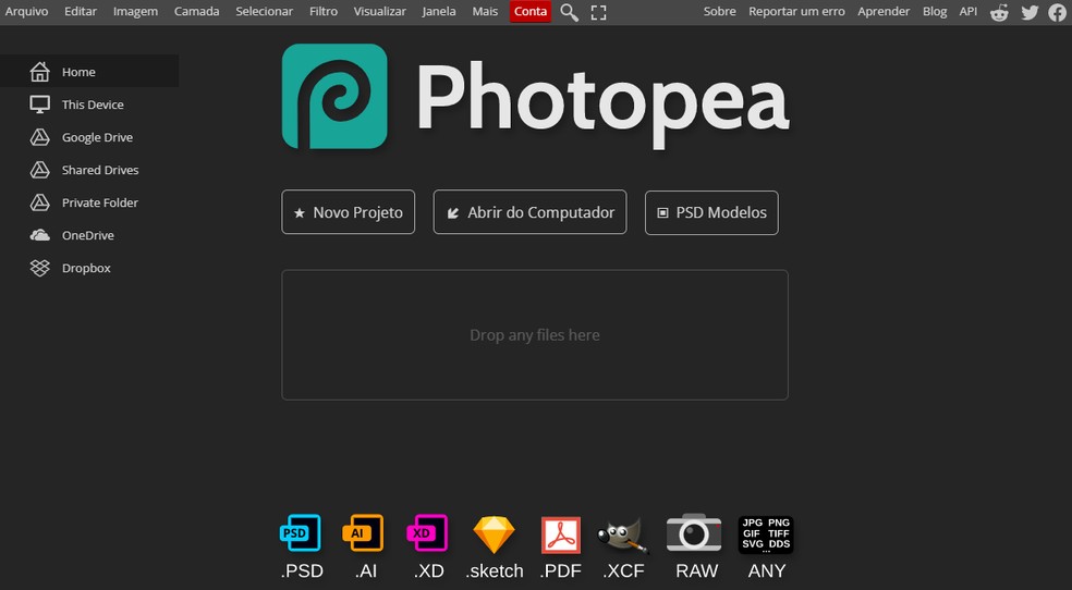 Photopea: editor de fotos avançado é similar ao Photoshop; ferramenta está disponível na versão web — Foto: Reprodução/Photopea