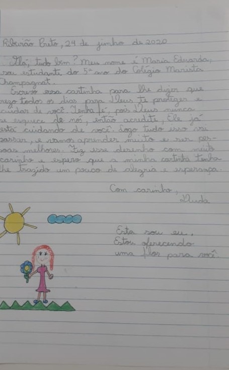 Carta de uma aliuna do Colégio Marista Champagnat de Ribeirão Preto  (Foto: Colégio Marista Champagnat de Ribeirão Preto )