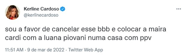 Ex-BBB Kerline pediu um pay per view apenas com Luana Piovani e Maíra Cardi (Foto: Reprodução/Twitter)