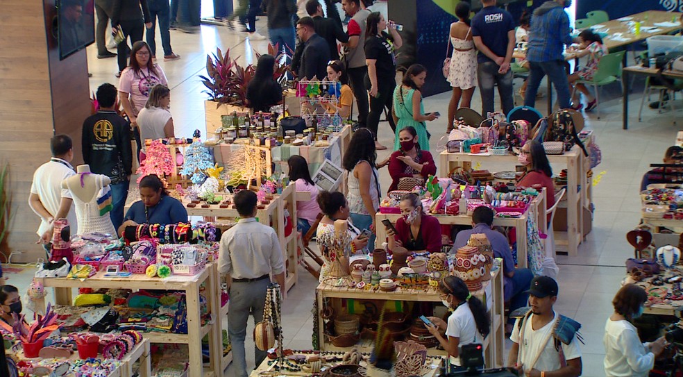 ExpoAmaz&ocirc;nia 2022 re&uacute;ne mais de 60 estandes, 100 startups, o "Mercado Amaz&ocirc;nia" para comercializa&ccedil;&atilde;o de produtos tipicamente regionais, e artes&atilde;os da economia criativa. &mdash; Foto: Carlos Nascimento/Rede Amaz&ocirc;nica
