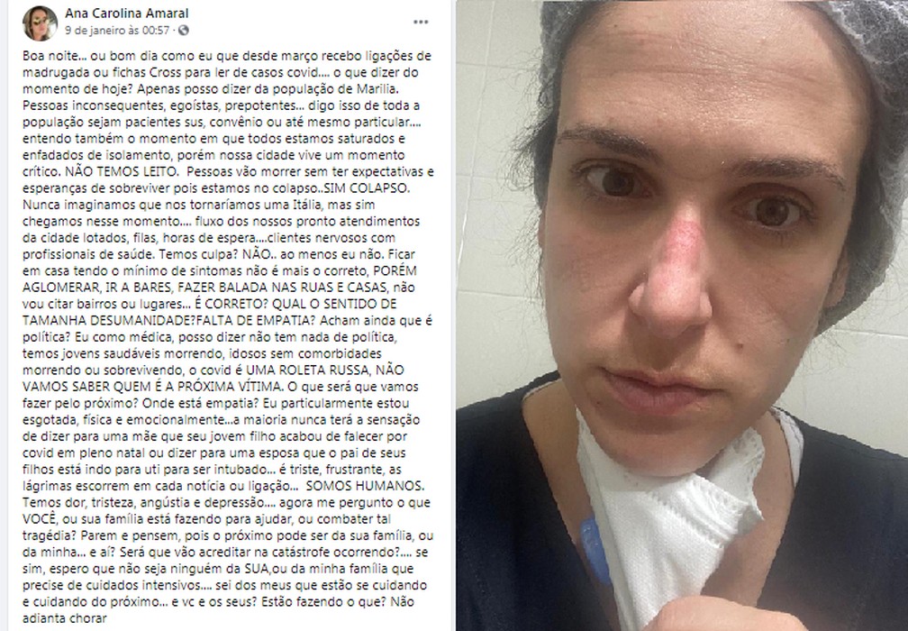 Médica desabafa sobre situação do coronavírus em Marília — Foto: Facebook/Reprodução