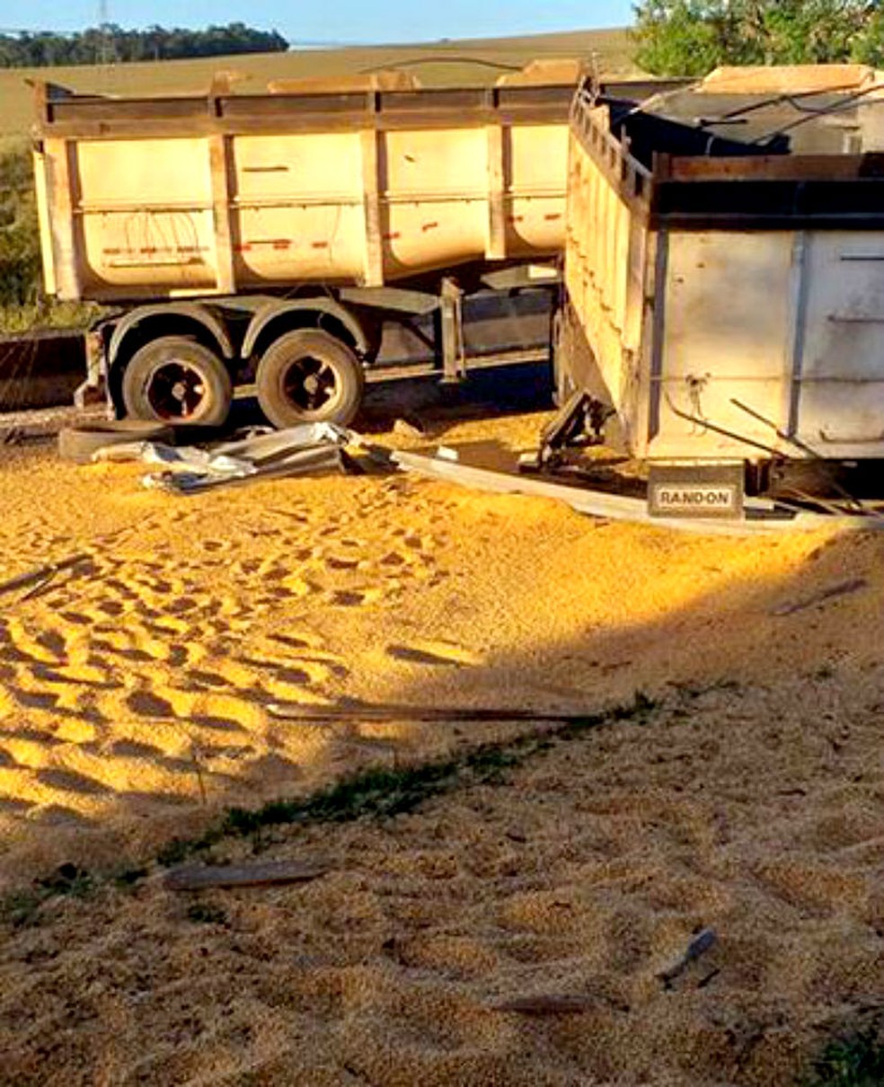 Parte da carga de milho ficou esparramada pela pista da Raposo Tavares — Foto: Assiscity/Divulgação