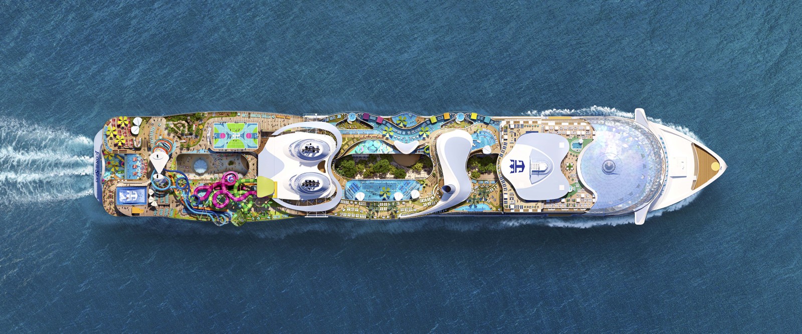 Desenho mostra a visão de cima do Icon of the Seas, navio de  cruzeiros que a Royal Caribbean planeja inaugurar em janeiro de 2024 e que será o maior do mundo — Foto: Divulgação