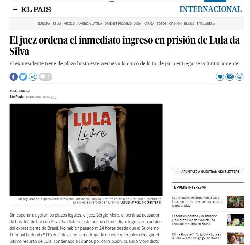 Jornal espanhol 'El País' repercute mandado de prisão de Lula (Foto: Reprodução/ElPais.com)