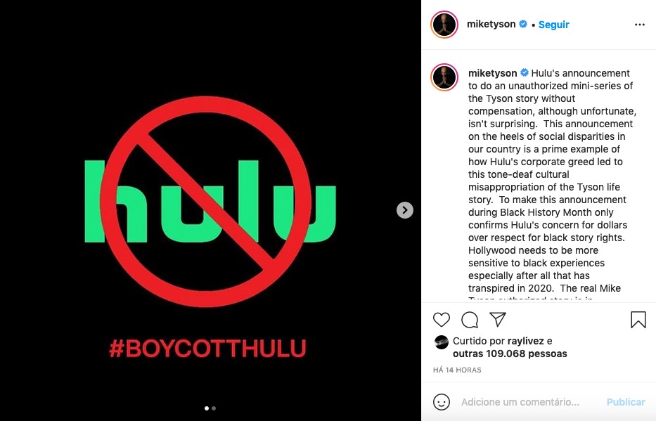 O post de Mike Tyson propondo um boicote a série sobre sua vida produzida pelo canal Hulu (Foto: Instagram)