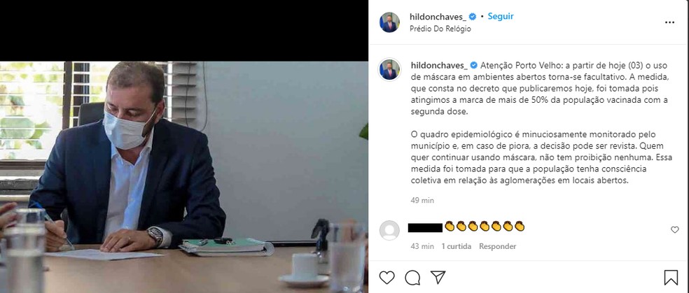 Prefeito de Porto Velho publica decreto que desobriga uso de máscaras em locais abertos. — Foto: Redes Sociais