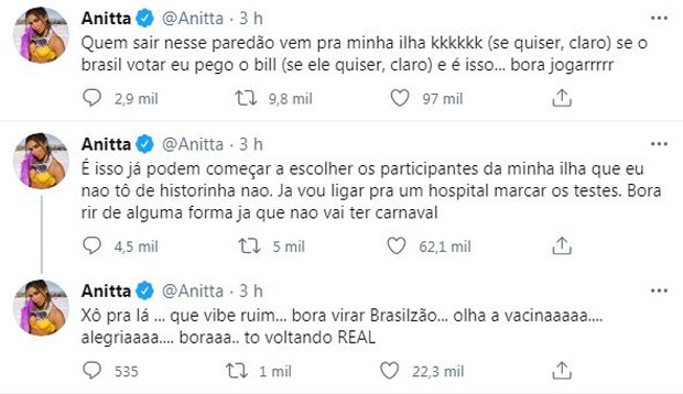 Anitta comenta o BBB21 (Foto: Reprodução / Twitter)