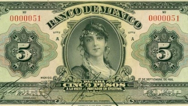 Primeiro bilhete de 5 pesos emitido pelo recém-criado Banco do México em 1925 estampava uma mulher 'misteriosa' (Foto: Banco do México)