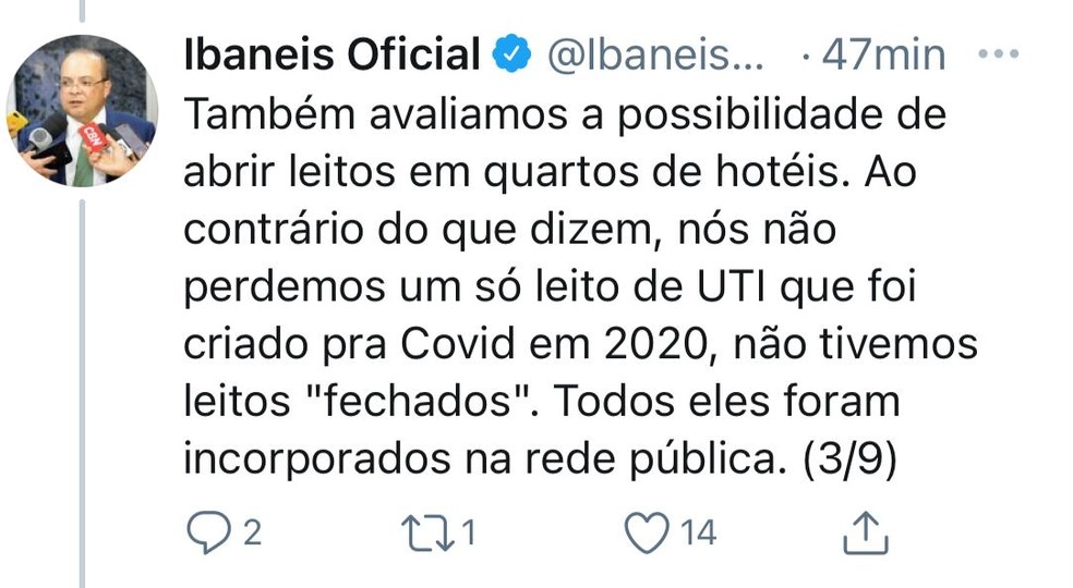 Governador Ibaneis Rocha (MDB) fala sobre possibilidade de abrir leitos em quartos de hoteís, no DF — Foto: Twitter/Reprodução