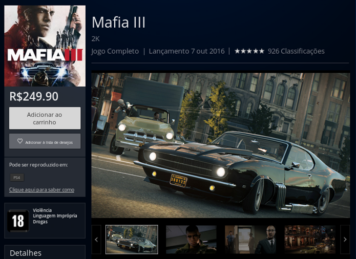 Página de Mafia 3 na PlayStation Store (Foto: Reprodução/André Mello)