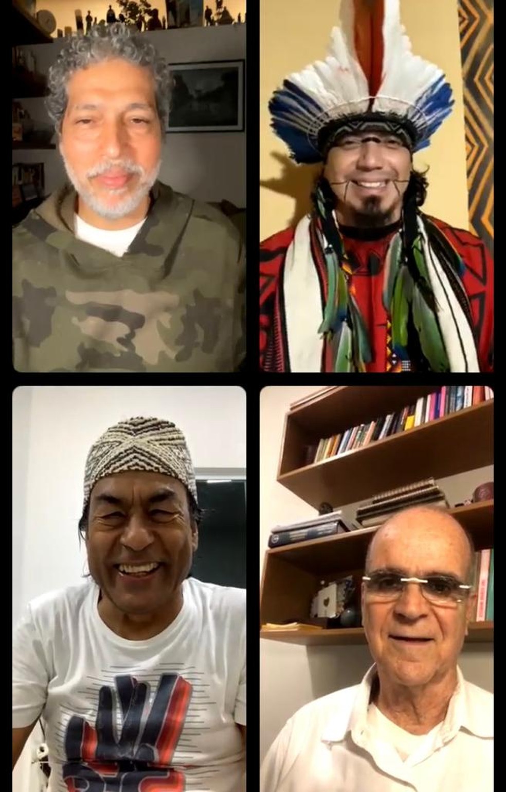 Membros da "Aliança", Ailton Krenak, João Fortes, Estevão Ciavatta e Isku Kua participaram da transmissão.  — Foto: Reprodução/Redes Sociais