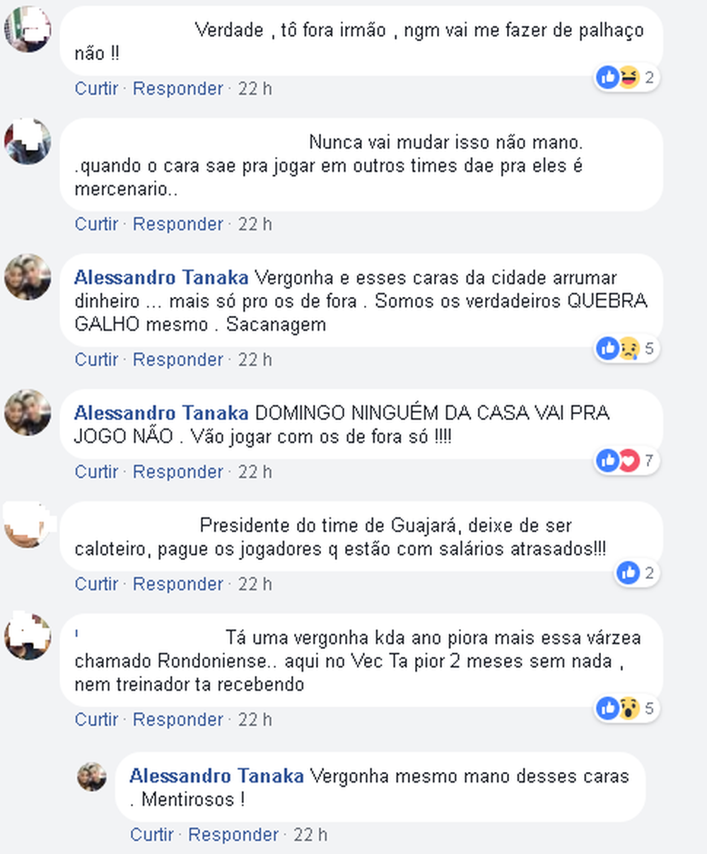 Comentários na postagem de Tanaka (Foto: Reprodução do facebook)