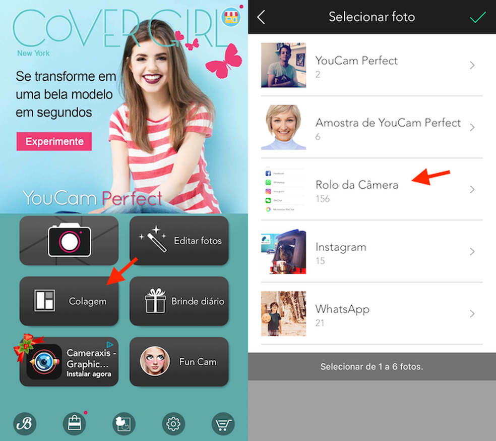 Opção para acessar a pasta de fotos do celular pelo YouCam Perfect (Foto: Reprodução/Marvin Costa)