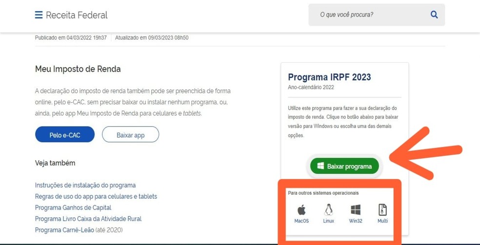 Botão para download do programa do Imposto de Renda 2023 em destaque — Foto: Reprodução/Gisele Souza