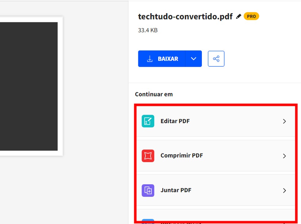 Small PDF oferece outras opções de edição do arquivo — Foto: Reprodução/Rodrigo Fernandes