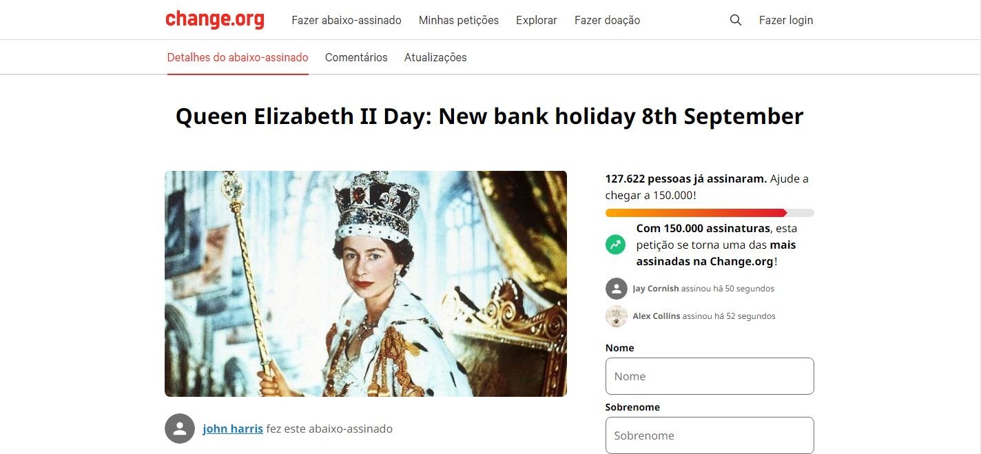 Petição para criação do feriado em comemoração a Rainha Elizabeth II (Foto: Reprodução)