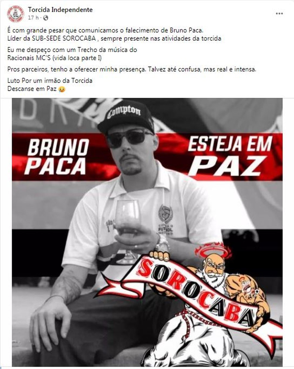 Torcida organizada do São Paulo posta homenagem para diretor encontrado morto em Sorocaba — Foto: Reprodução/Facebook 