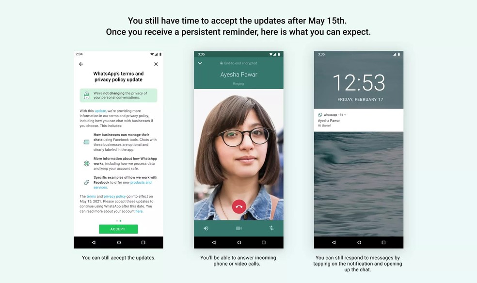 Usuários que não aceitarem regras do WhatsApp até 15 de maio poderão ver 'lembrete persistente' após algumas semanas. — Foto: Divulgação/WhatsApp
