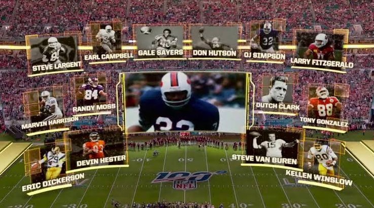 A homenagem feita a O.J. Simpson com a inclusão de seu nome na lista de 100 maiores nomes da história da NFL (Foto: Reprodução)