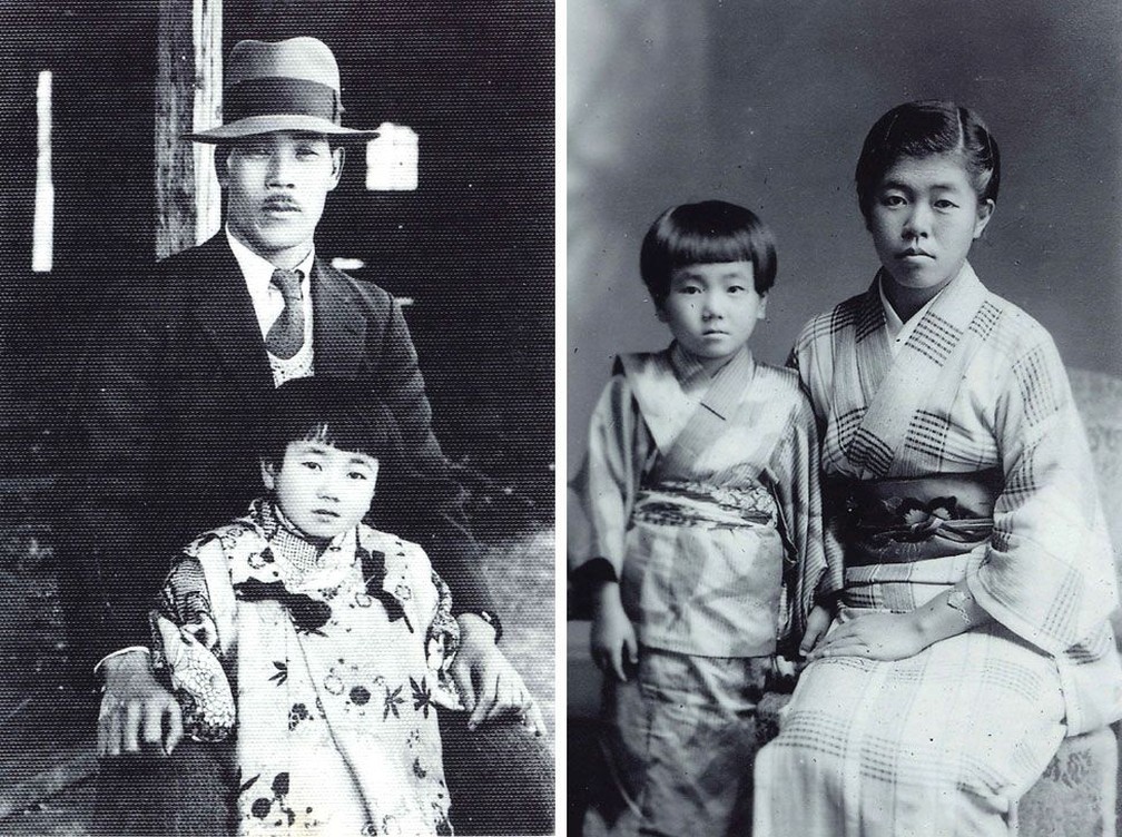 Reiko com o pai Keizo Ura (à esquerda) e a irmã mais velha, Shizue Ura — Foto: Reiko Hada/BBC