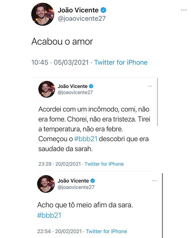 João Vicente sobre Sarah Andrade: "Acabou o amor" (Foto: Reprodução/ Instagram)