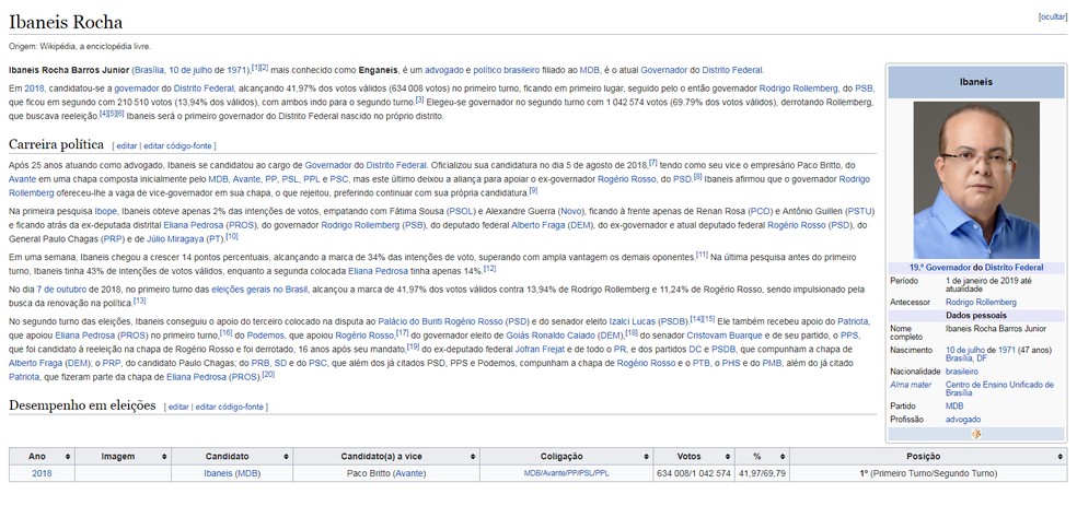 Perfil do governador Ibaneis no Wikipédia em que é chamado de 'Enganeis' — Foto: Reprodução