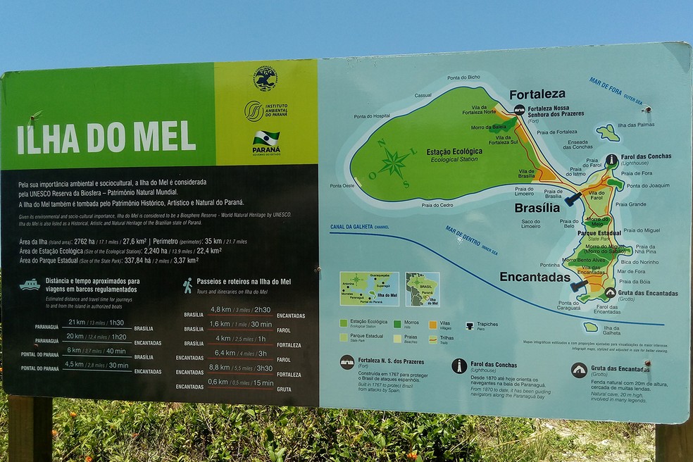 Mapa da Ilha do Mel com distâncias entre um atrativo e outro. — Foto: Keila Kubo