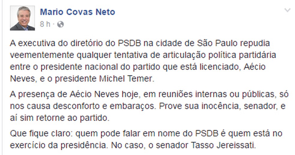 Vereador e presidente do diretório municipal do PSDB em SP, Mario Covas Neto critica encontro de Aécio com Temer (Foto: Reprodução/Facebook)