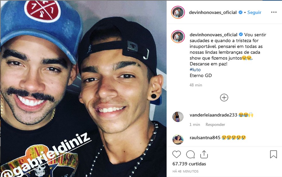 Cantor Devinho Novaes escreve nas redes sociais sobre a morte do cantor Gabriel Diniz — Foto: Reprodução/Redes sociais