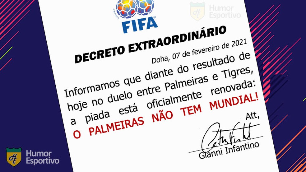 Zoeira nas redes sociais após eliminação do Palmeiras no Mundial — Foto: Reprodução/Twitter Humor Esportivo